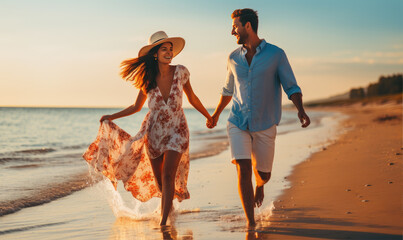 Happy young couple on the beach, enjoying their time together on the vacation. Active lifestyle concept - obrazy, fototapety, plakaty