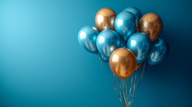 "Bouquets de ballons bleus et dor&eacute;s : Atmosph&egrave;re festive et joyeuse."