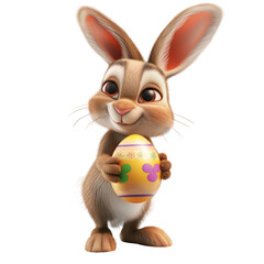 Cute 3D cartoon easter rabbit with big eyes holding an easter egg. fluffy bunny, hare art digital illustration.