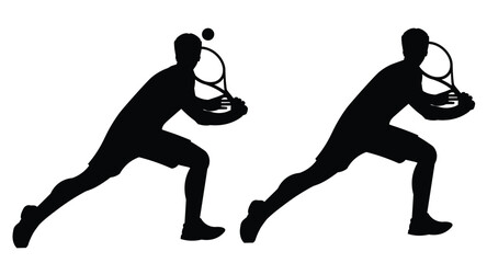 Two black silhouettes of a tennis player in casual and classic polo sportswear who receive the ball holding the racket with two hands