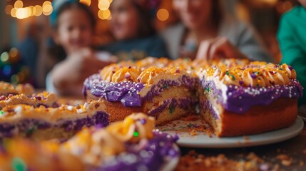King Cake adorned with green, yellow, and purple. Table with traditional Mardi Gras treats....