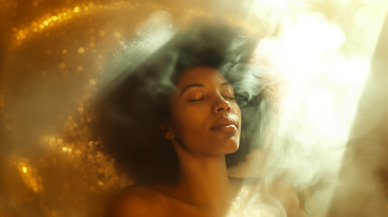 A Black woman relaxing in the steam room at a spa