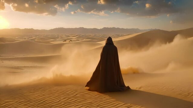 Mystical Wanderer: A Black Cloak in the Dunes. Generative ai