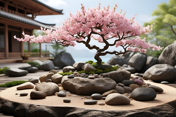 An image of a tranquil Zeninspired rock garden with striking bonsai cherry blossom tree Photography