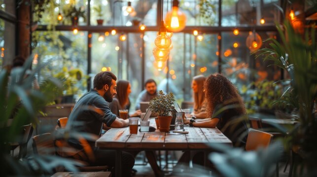 "Groupe dans caf&eacute; intime : Ambiance chaleureuse, soir&eacute;e entre amis."