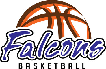 Falcons Basketball Team Graphic is a sports design template that includes graphic Falcons text and a stylized basketball. This is a great modern design for advertising and promotion such as t-shirts.
