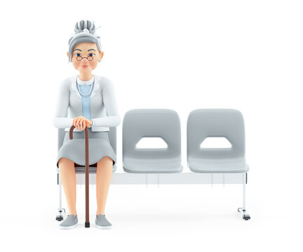3d cartoon granny sitting in waiting room