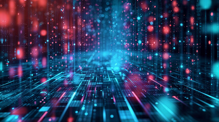 Red and blue fiber optics programming matrix digital numbers background with lots spots. geometrical information technology icons and lines. holographic screen. treaming data, binary data moving