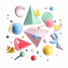 Abstract colorful 3d art background. Pastel geometric shapes floating on isolated white background.