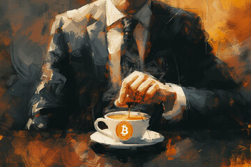 A savvy businessman relishes a coffee break, savoring the rich blend as a Bitcoin logo boldly adorns his cup, symbolizing modern financial aspirations. - obrazy, fototapety, plakaty