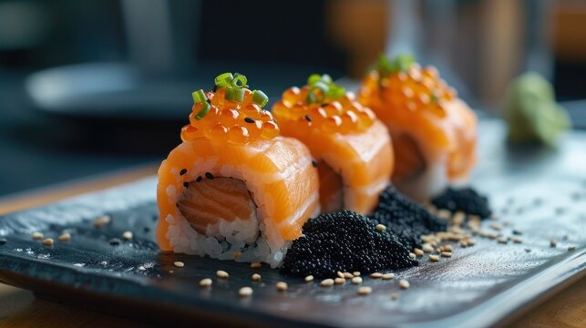 Delicious sushi and black caviar. Japanese food. close up of sushi. generative AI image
