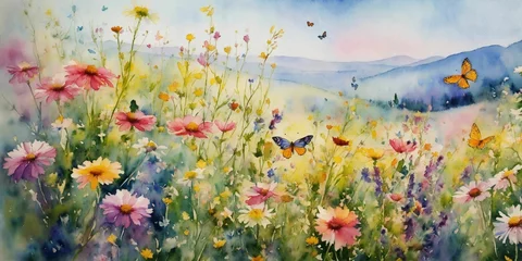 Fototapeten Watercolor painting of wildflowers and butterflies on sky background. © jens h.