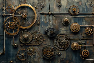 steampunk-inspired wallpaper with gears and mechanical contraptions - obrazy, fototapety, plakaty