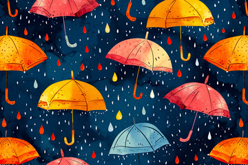 whimsical pattern with floating umbrellas and raindrops