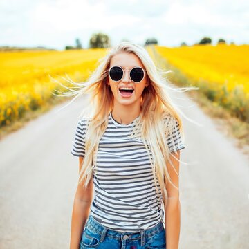 Funny crazy stylish beautiful blond young woman model in summer bright hipster cloth