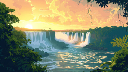 Beautiful scenic view of Iguazu Falls in brazil during sunrise in landscape comic style. - obrazy, fototapety, plakaty