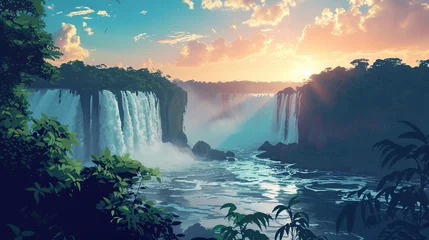 Fotobehang Beautiful scenic view of Iguazu Falls in brazil during sunrise in landscape comic style. © Tepsarit
