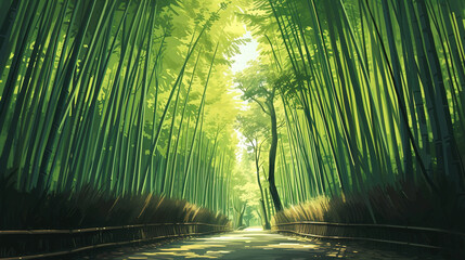 Fototapeta premium Beautiful scenic view of Arashiyama bamboo grove in Kyoto Japan during sunrise in landscape comic style.