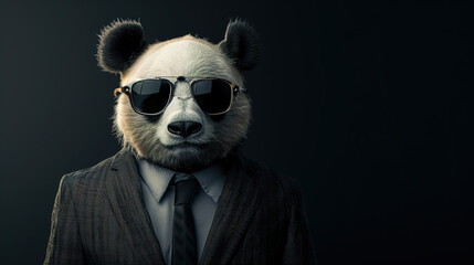 Cool looking panda wearing sunglasses, suit and tie isolated on dark background with copyspace for text.