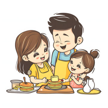 A family having a pancake breakfast with butter and milk isolated on white background, doodle style, png
