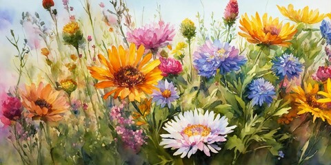 Fototapeta na wymiar Watercolor painting of colorful wildflowers. Bright summer flowers.