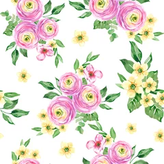 Foto op Plexiglas Watercolor hand drawn floral seamless pattern. Green leaves, pink ranunculus, rose, Botanical flowers illustration. White background © NastiyaMaki