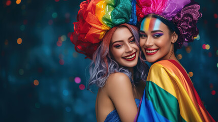 Fototapeta premium Cool looking lesbian couple wearing rainbow costume isolated on dark background withh copyspace for text. LGBTQ and pride month concept.