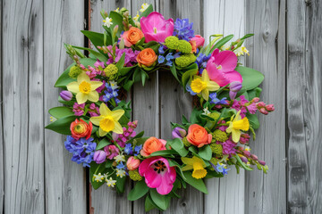 Fototapeta na wymiar spring wreath made of fresh flowers and greenery hanging on a rustic wooden door