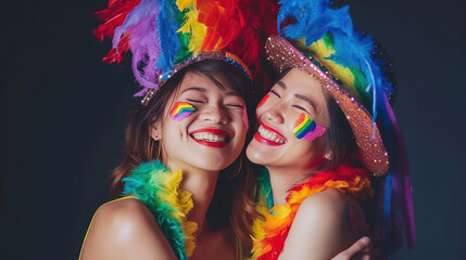Obraz premium Cool looking asian lesbian couple wearing rainbow costume isolated on dark background withh copyspace for text. LGBTQ and pride month concept.