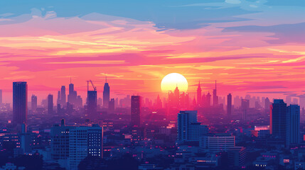 Fototapeta premium Beautiful scenic view of Bangkok, Thailand during sunrise in landscape comic style.
