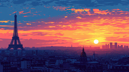 Beautiful scenic view of Paris, France during sunrise in landscape comic style.