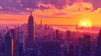 Fototapeta premium Beautiful scenic view of new york, usa during sunrise in landscape comic style.