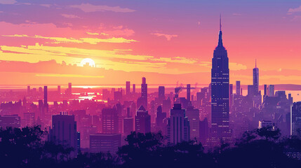 Beautiful scenic view of new york, usa during sunrise in landscape comic style.