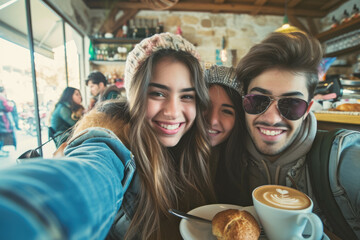 Obraz premium group of friends taking a selfie in a cafe, with coffee cups and pastries