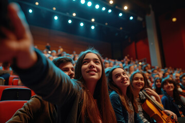 group of friends taking a selfie in a concert hall, with a stage and musical instruments