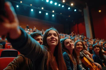 Fotobehang group of friends taking a selfie in a concert hall, with a stage and musical instruments © Formoney