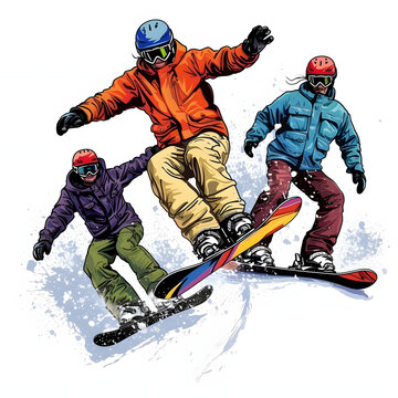 Group enjoying a fun day of snowboarding isolated on white background, hand drawn, png
