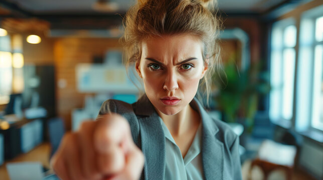 cool looking angry businesswoman pointing finger toward camera in the office.