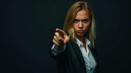 cool looking angry businesswoman pointing finger toward camera isolated on dark background. Copyspace for text.