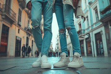 couple with a casual clothes and a sneakers and a professional overlay on the street - obrazy, fototapety, plakaty