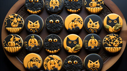 Halloween cakes, biscuits, cookies, pumpkin, witch, black background