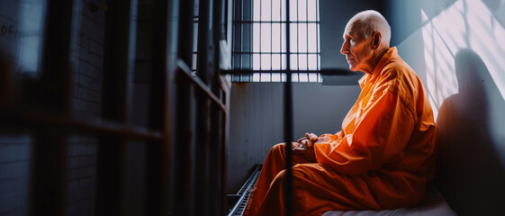  An elder man in contemplation, donning an orange jumpsuit, sits alone in the stark confines of a prison cell
