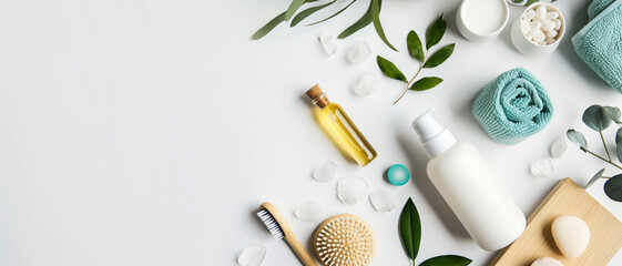 Fototapeta na wymiar Eco-friendly personal care products elegantly arranged on a clean background, representing sustainable beauty routines