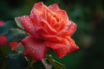 close-up of a dew-kissed rose in the early morning light
