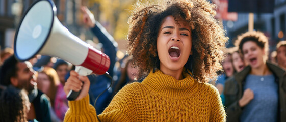 Fototapeta premium The fervor of activism, as a passionate protester with a megaphone rallies a crowd for social change