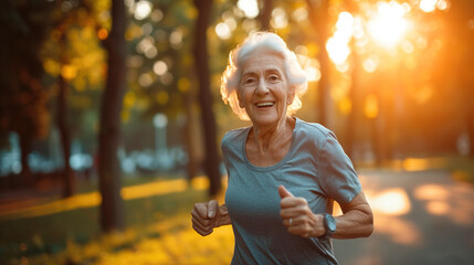 cool looking happy healthy old woman running in the park. Concept of exercise for elder. 