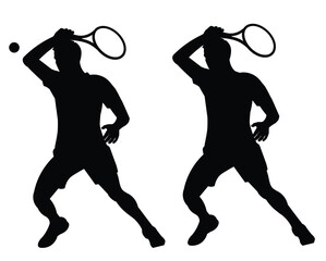 Two black silhouettes of a tennis player in a casual T-shirt and a polo sports uniform in profile leaning forward to serve the ball