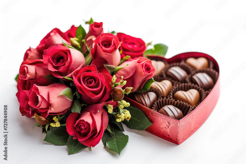 Wall mural bouquet of roses with a heart-shaped box of chocolates, on a white background