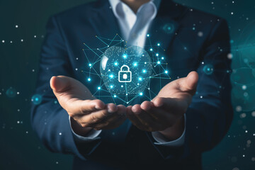 Naklejka premium businessman holding an AI icon with a lock and network connection