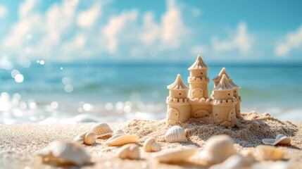 Fototapeta na wymiar Sandcastle on the beach summer holiday concept with blue ocean background. AI generated image